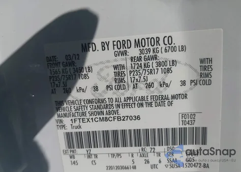2012 Ford F-150 Xl from USA, damaged, VIN 1FTEX1CM8CFB27036